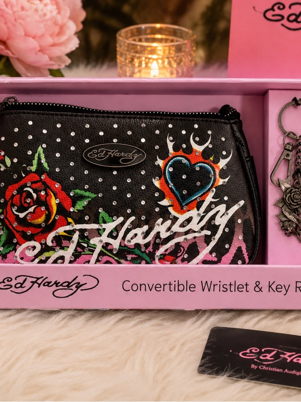 Ed Hardy Black Wristlet with Multicolor Heart & Rose Artwork